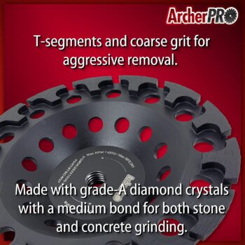 Archer PRO Aggressive 7" in. T-Seg Diamond Grinding Wheel, Cup Wheel for Concrete Grinding. for use on Angle Grinder.