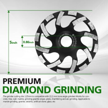 HERZO Diamond Concrete Grinding Wheel 5 inch,Diamond Cup Wheel for for Polishing and Cleaning Stone Concrete Surface, Cement, Marble, Rock, Granite, and Thinset Removing