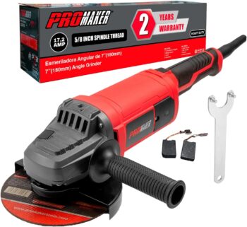 PROMAKER 7 inch Angle Grinder, 17.2 AMP, 8400 RPM, Industrial Electric Angle Grinder with 2 Extra Carbon Brushes, Built for Heavy-Duty Tasks and Professional Performance, 2 Years Warranty.