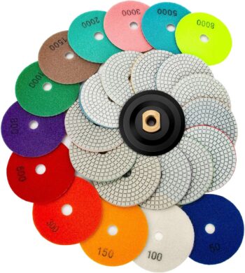 13 Packs 4 Inch Diamond Polishing Pads with 5/8’’-11 Backer Pad 12PCS Wet/Dry Polish Pad Kit for Drill Grinder Polisher 50-8000 Grit Pads for Granite Marble Concrete Stone Countertop Quartz Polishing