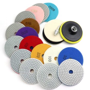 4 Inch Diamond Polishing Pads with 5/8’’-11 Backer Pad, 12PCS Wet/Dry Granite Stone Polish Pad Kit for Drill, Grinder, Polisher, 50-6000 Grit Polishing Pad for Concrete Marble Rock Countertop Quartz