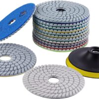 Diamond Wet Polishing Pads Set, 5 inch 15Pcs Pads for Granite Stone Concrete Marble Floor Grinder or Polisher, 50#-6000# with Hook & Loop Backing Holder Pads for Wet Polisher