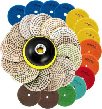 SPTA 15pcs Diamond Wet Polishing Pads Set, 4 inch Pads for Granite Stone Concrete Marble Floor Grinder or Polisher, 50#-6000# with Hook & Loop Backing Holder Pads for Wet Polisher